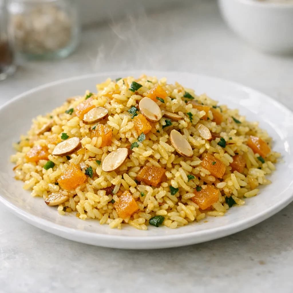 Saffron Fried Rice with Apricots and Almonds recipe