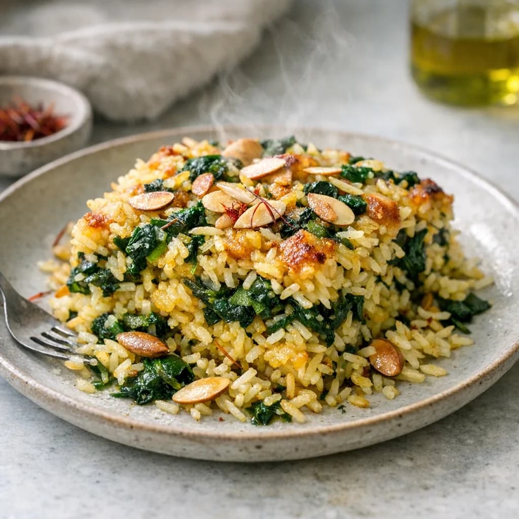 Saffron Spinach and Almond Bake recipe