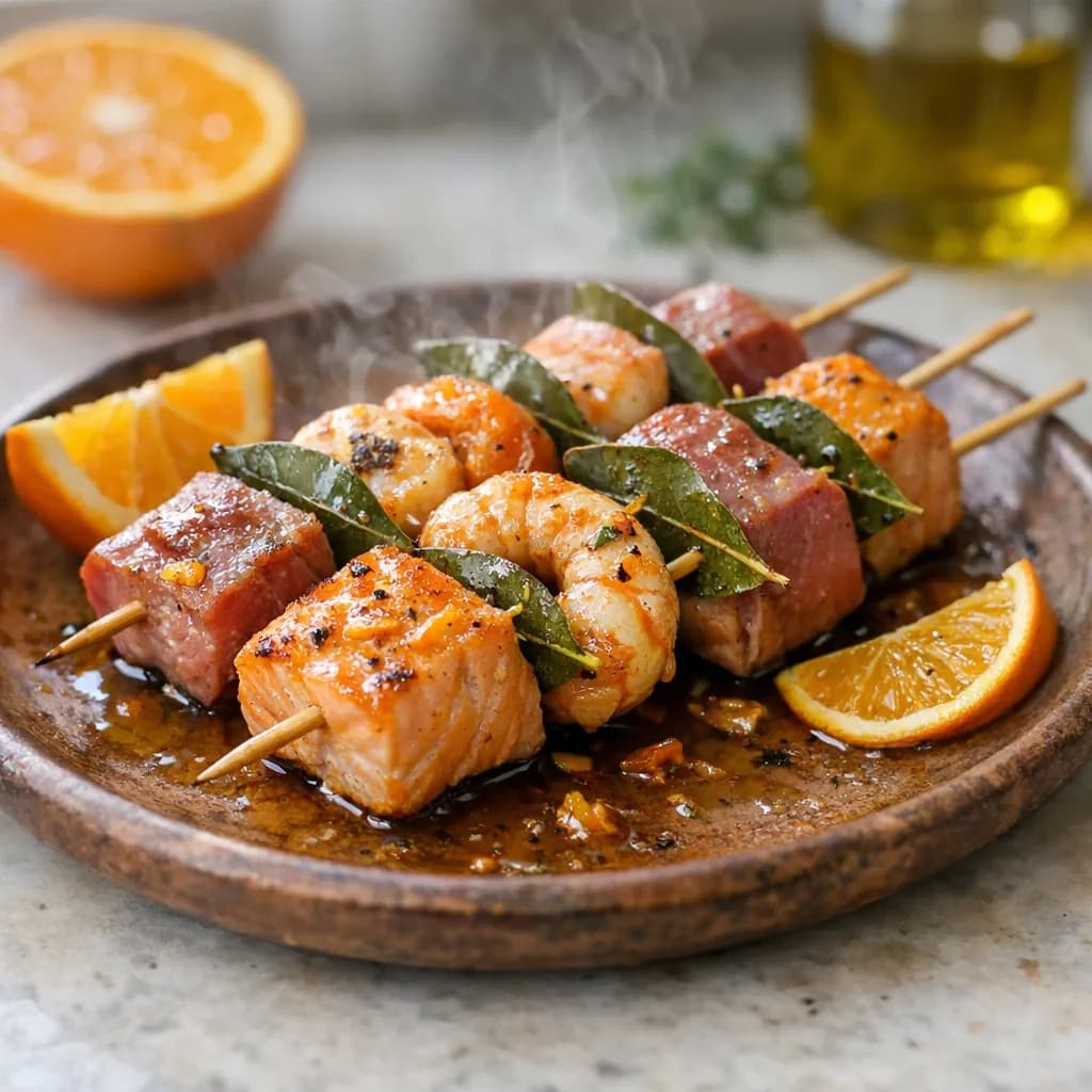 Salmon Prawn and Tuna Skewers with Citrus Glaze recipe