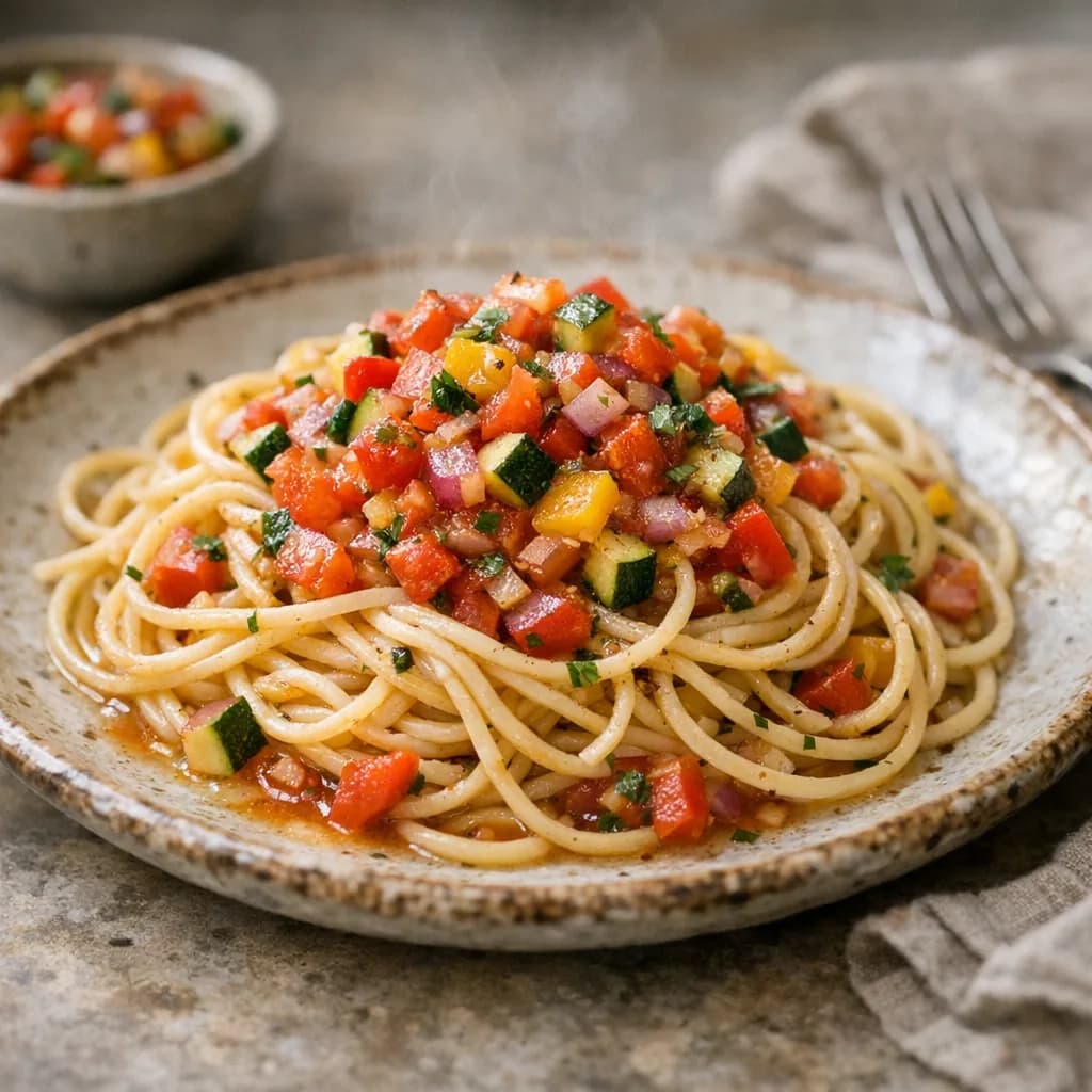 Salmon Spaghetti with Zesty Vegetable Salsa recipe