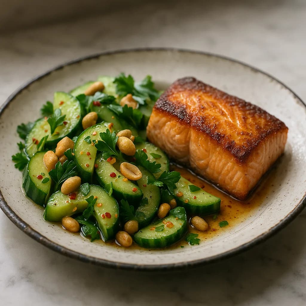 Salmon with Spiced Cucumber and Peanut Salad recipe