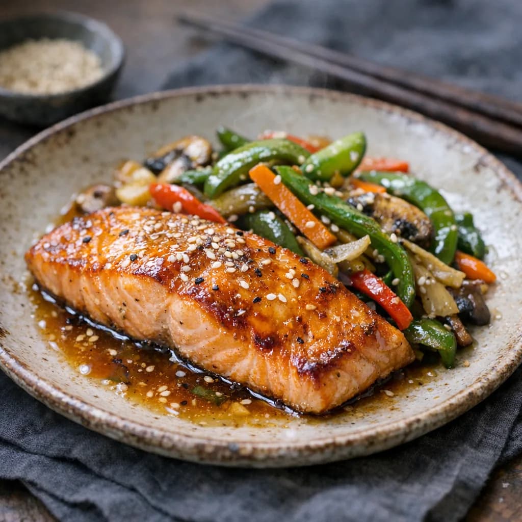 Salmon with Stir-Fried Vegetables and Citrus Glaze recipe