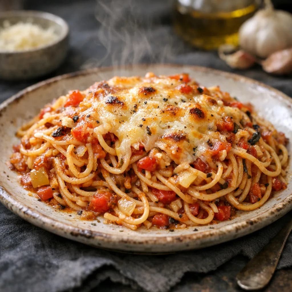 Savory Baked Vegetarian Spaghetti recipe