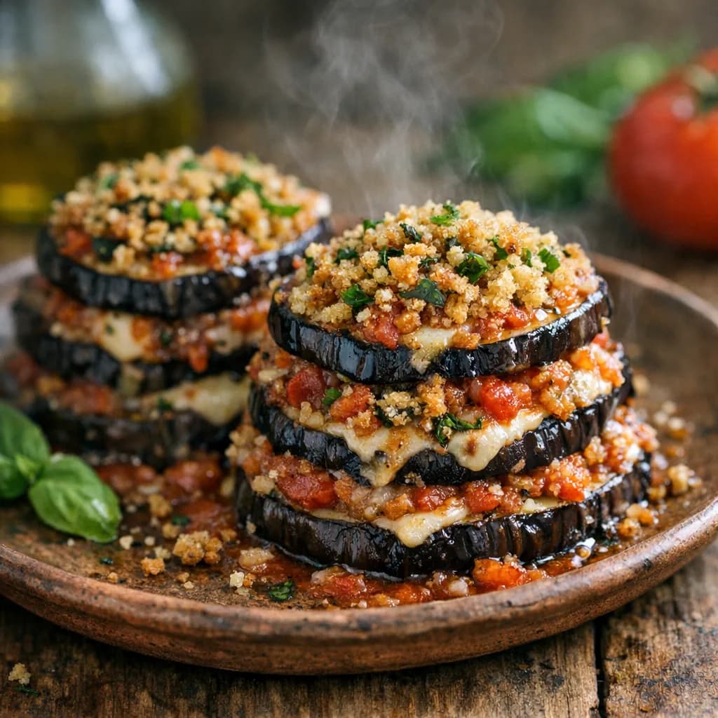 Savory Eggplant Stacks with Basil Crumbs recipe