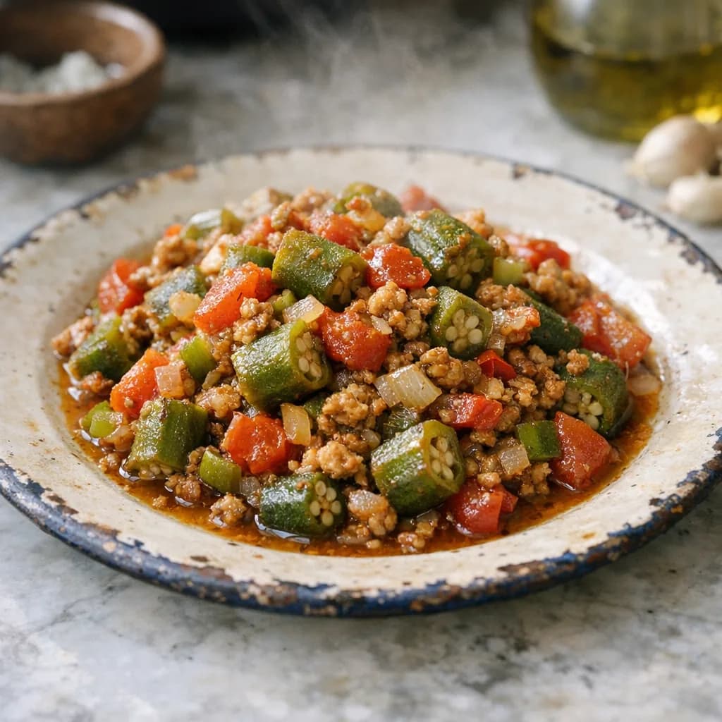 Savory Okra and Tomatoes with Ground Turkey recipe