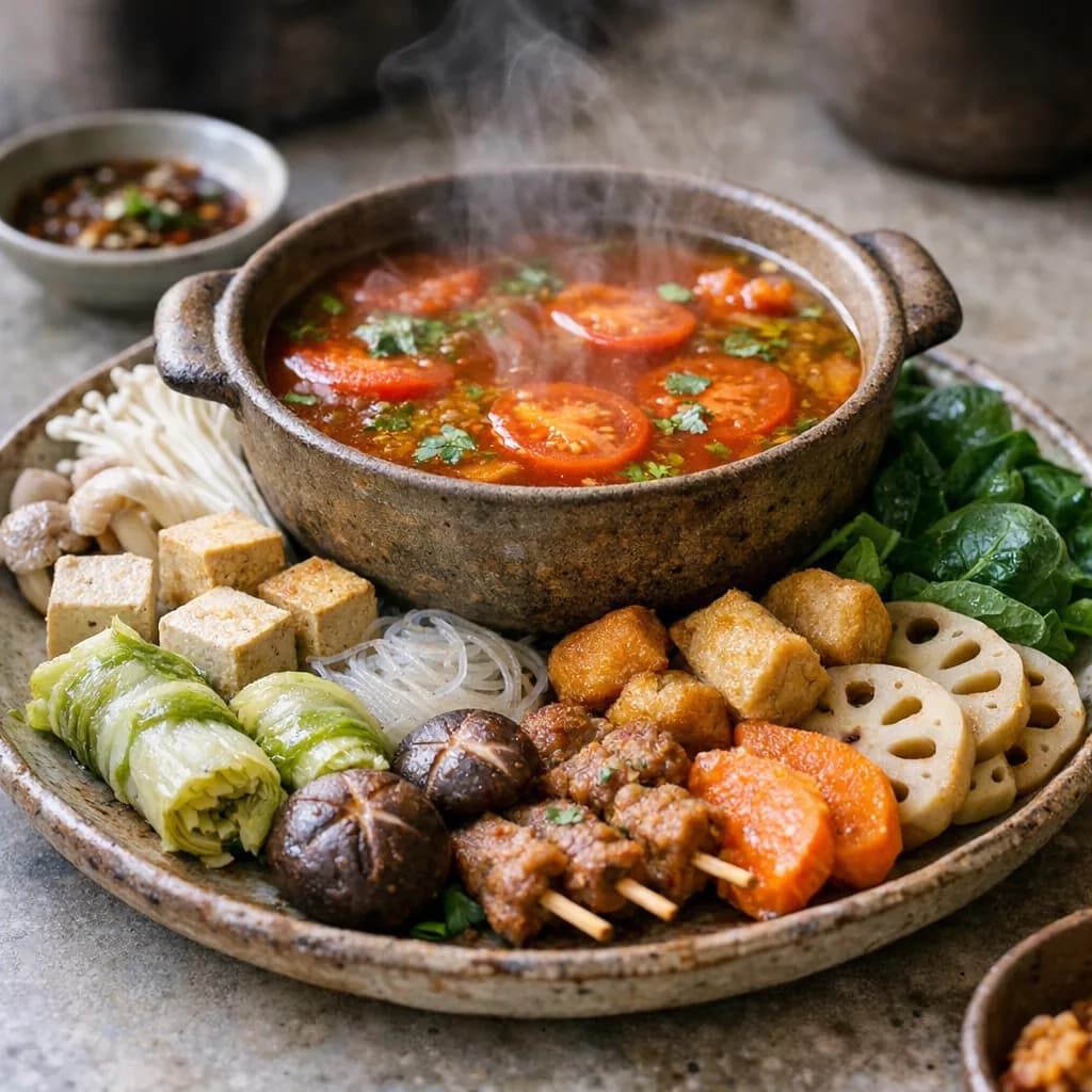 Savory Tomato Shabu Shabu with Plant-Based Dippers recipe