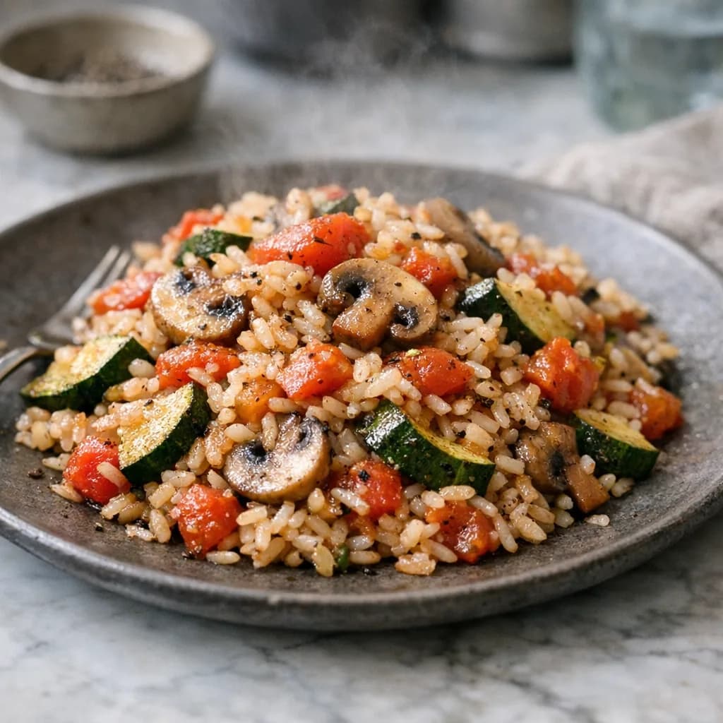 Savory Tomato-Zucchini Stir-Fry Rice recipe