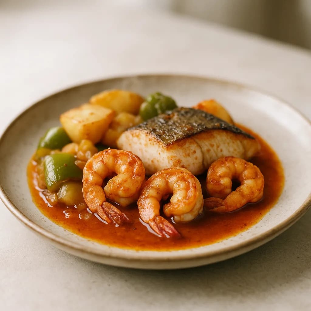 Seabass and Prawns with Garlic Paprika Sauce recipe
