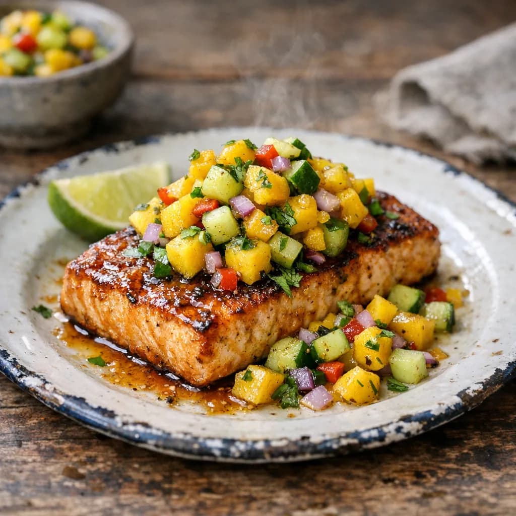 Seared Salmon with Tropical Mango-Cucumber Salsa recipe