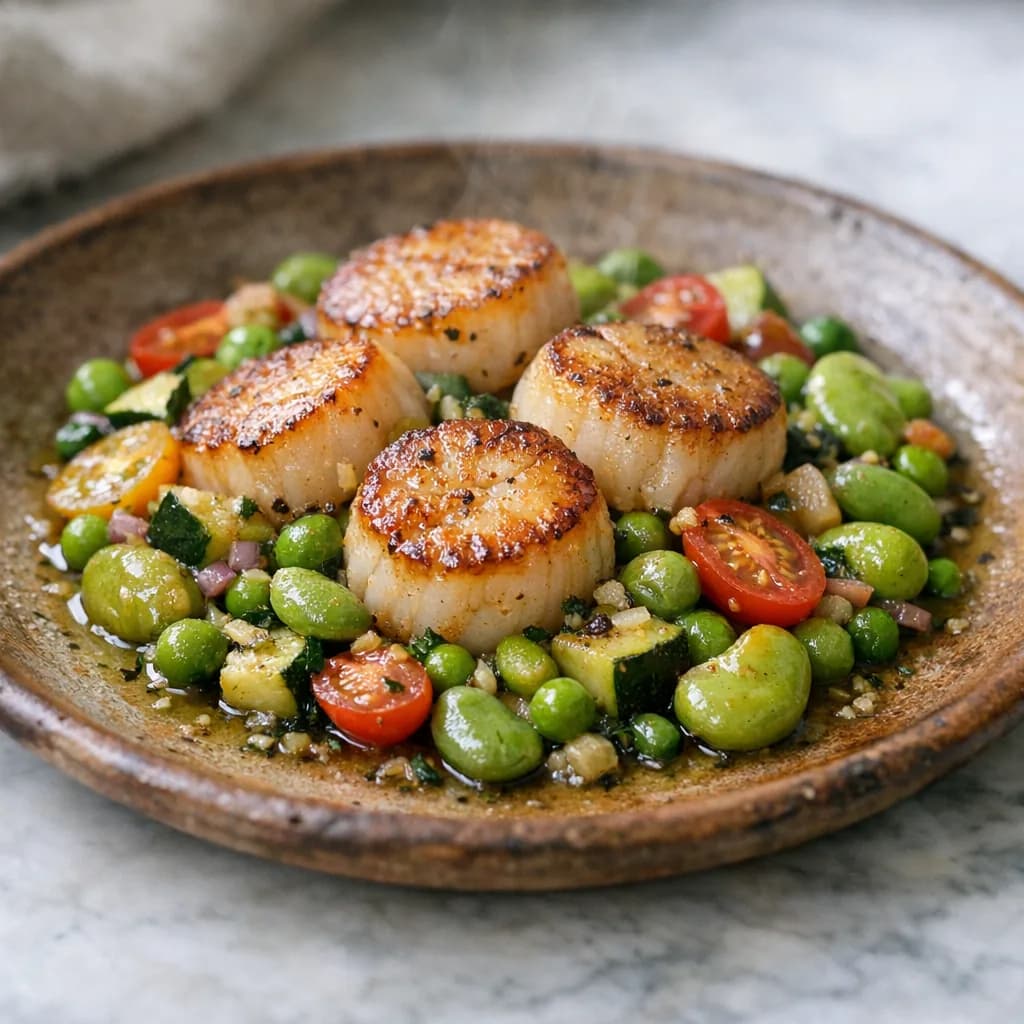 Seared Scallops with Summer Vegetable Medley recipe