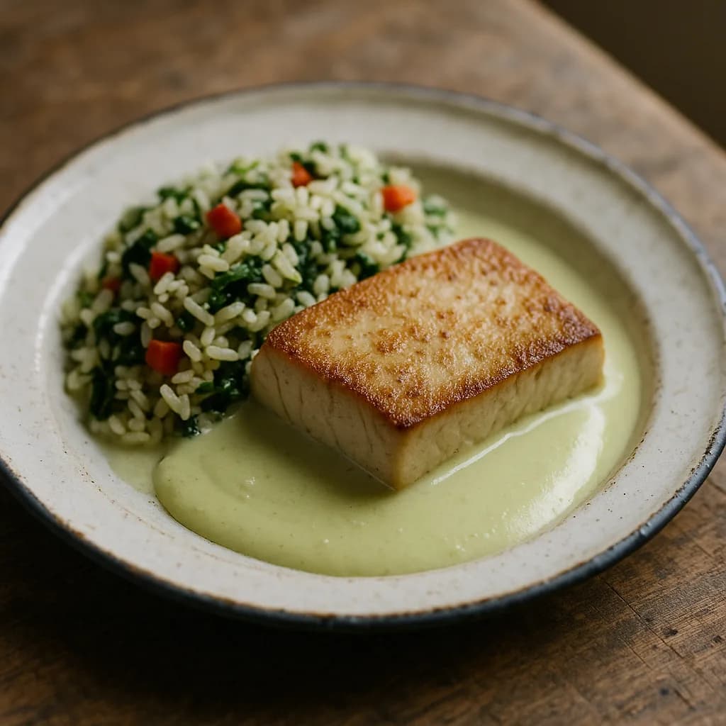 Seared Tuna with Wasabi-Coconut Sauce and Spinach Rice Pilaf recipe