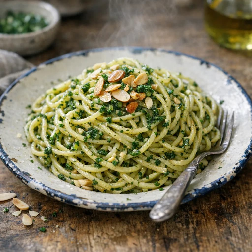 Spaghetti with Almonds and Herb Sauce recipe