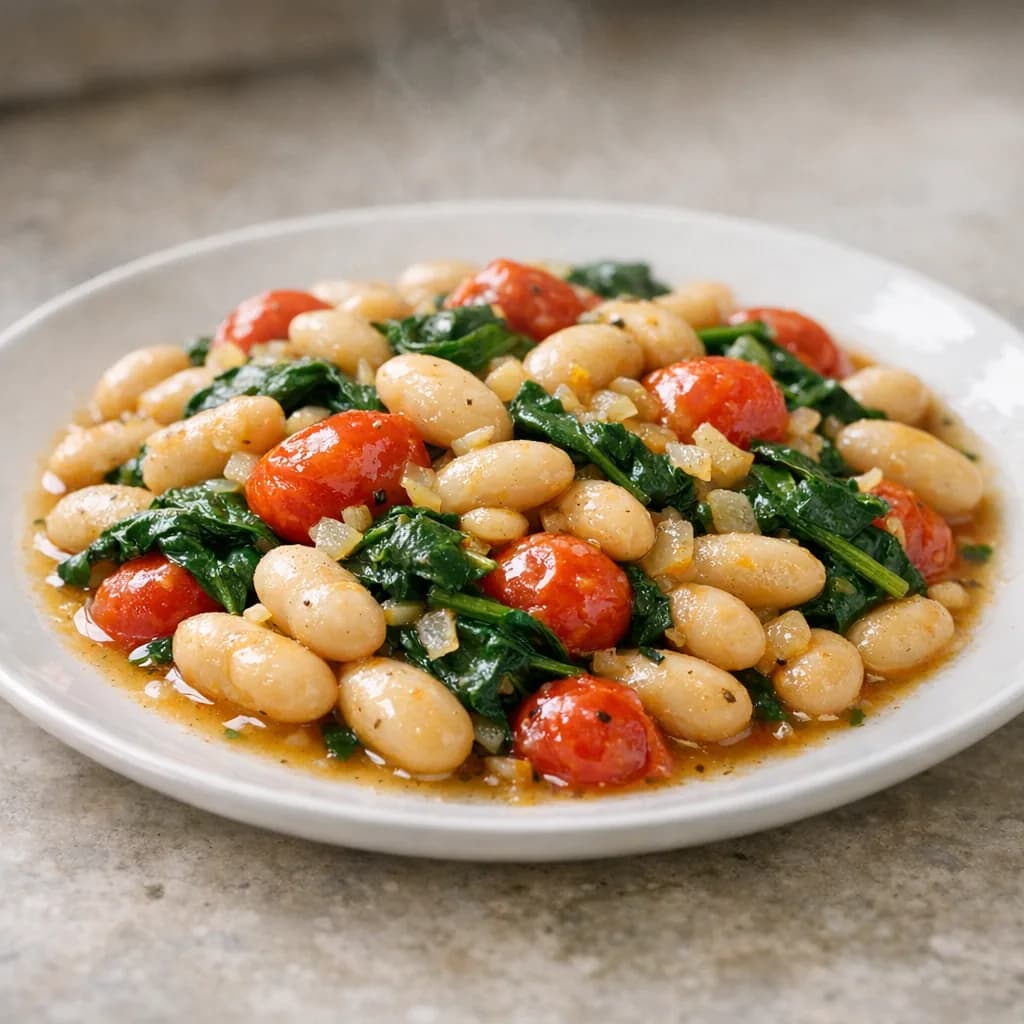Spanish White Beans with Spinach and Cherry Tomatoes recipe