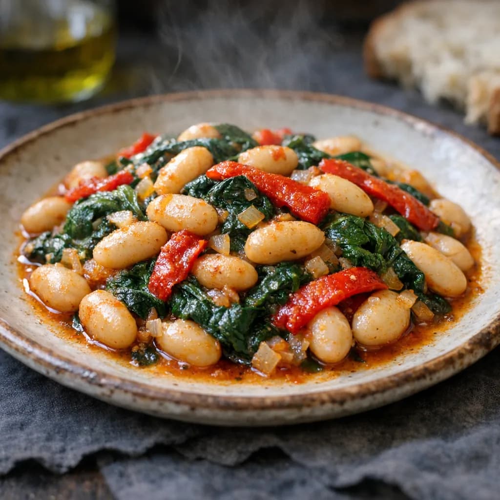 Spanish White Beans with Spinach and Roasted Red Peppers recipe