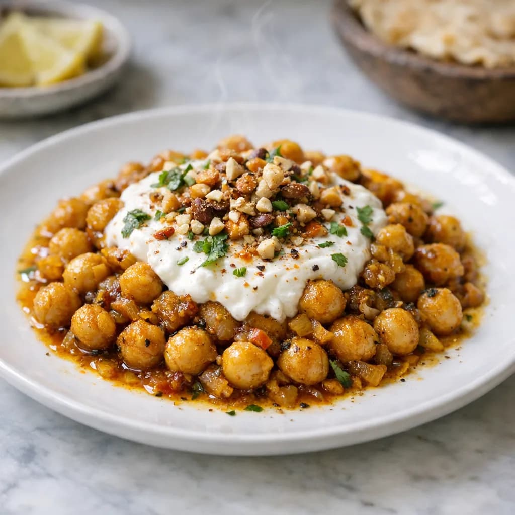 Spiced Chickpeas with Vegan Yogurt and Toasted Nuts recipe
