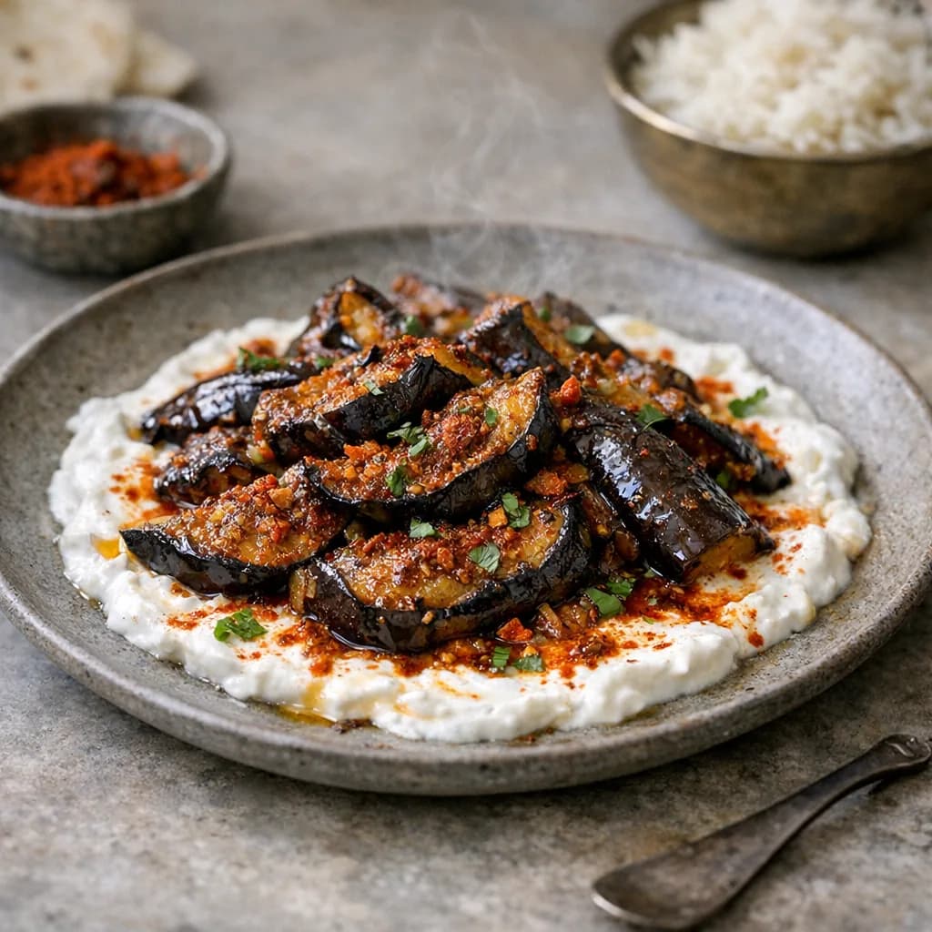 Spiced Eggplant with Yogurt Sauce recipe