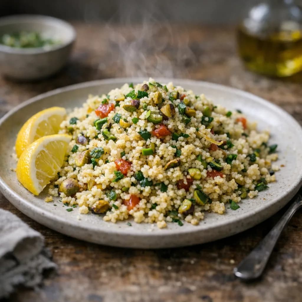 Spiced Fish with Lemon Pistachio Couscous recipe