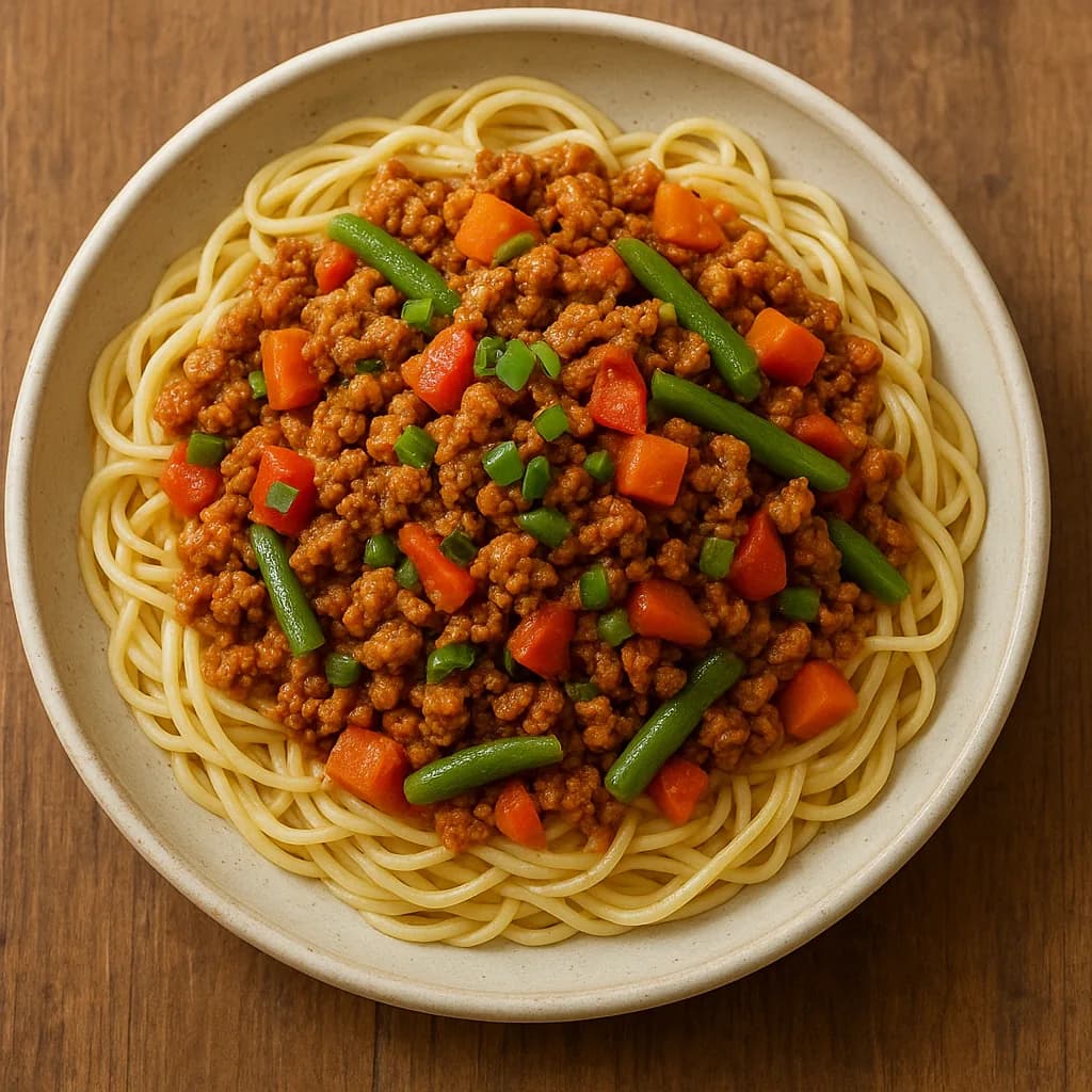Spiced Ground Pork and Vegetables Over Noodles recipe