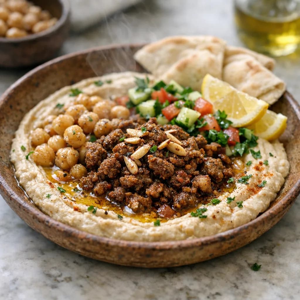 Spiced Lamb and Almond Hummus Bowl recipe