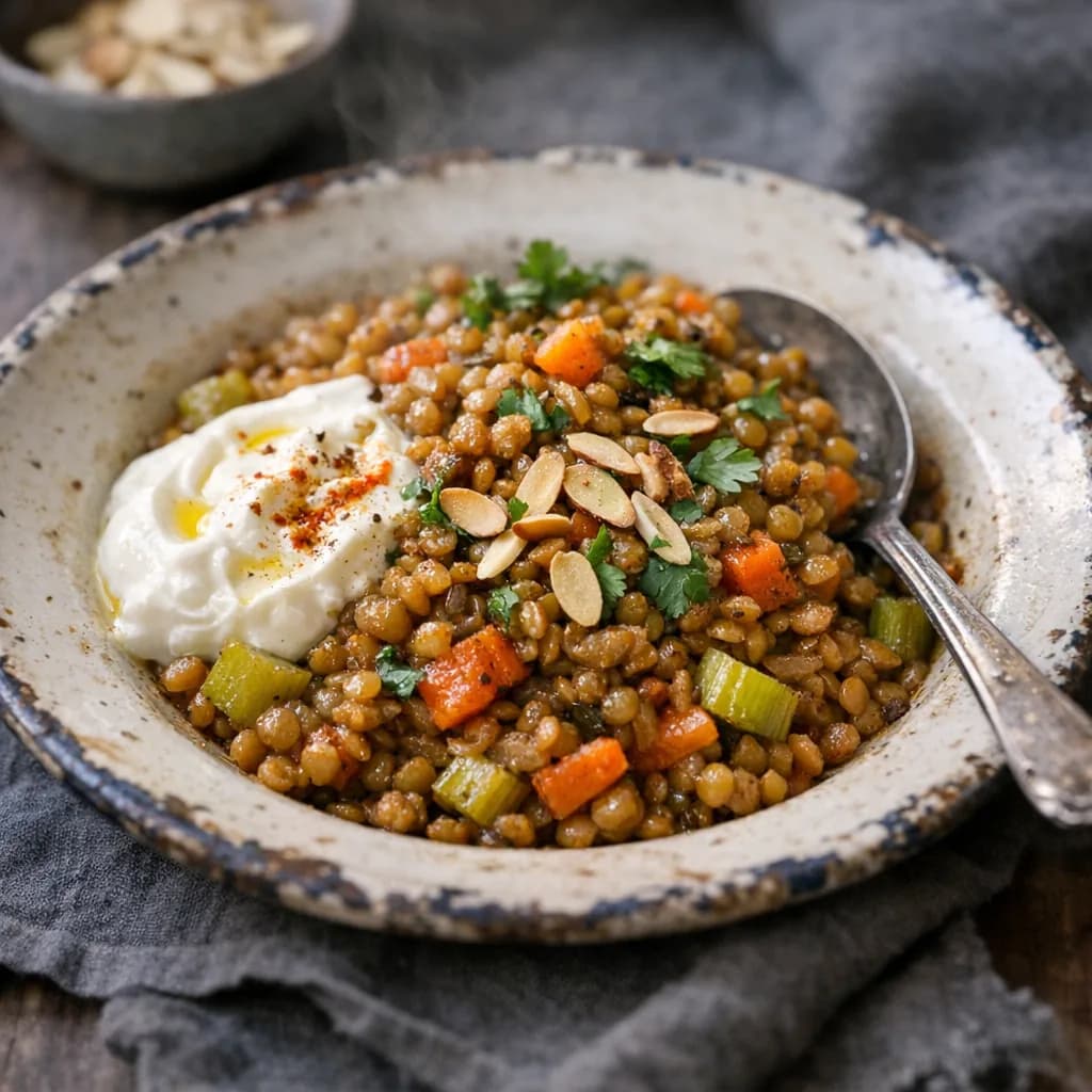 Spiced Lentil Dinner Bowl with Almonds and Yogurt recipe