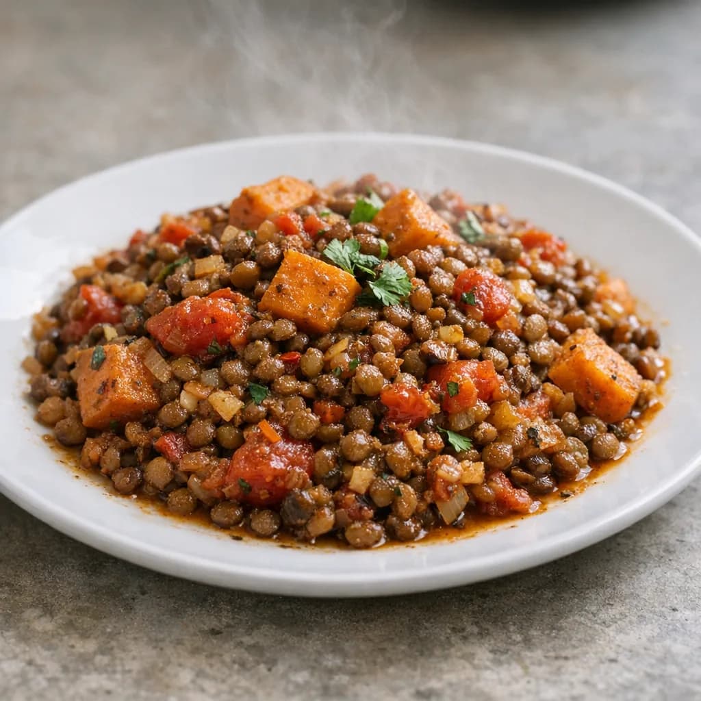 Spiced Lentils with Sweet Potatoes and Tomatoes recipe