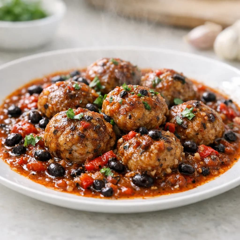 Spiced Meatballs in Tomato and Black Bean Sauce recipe