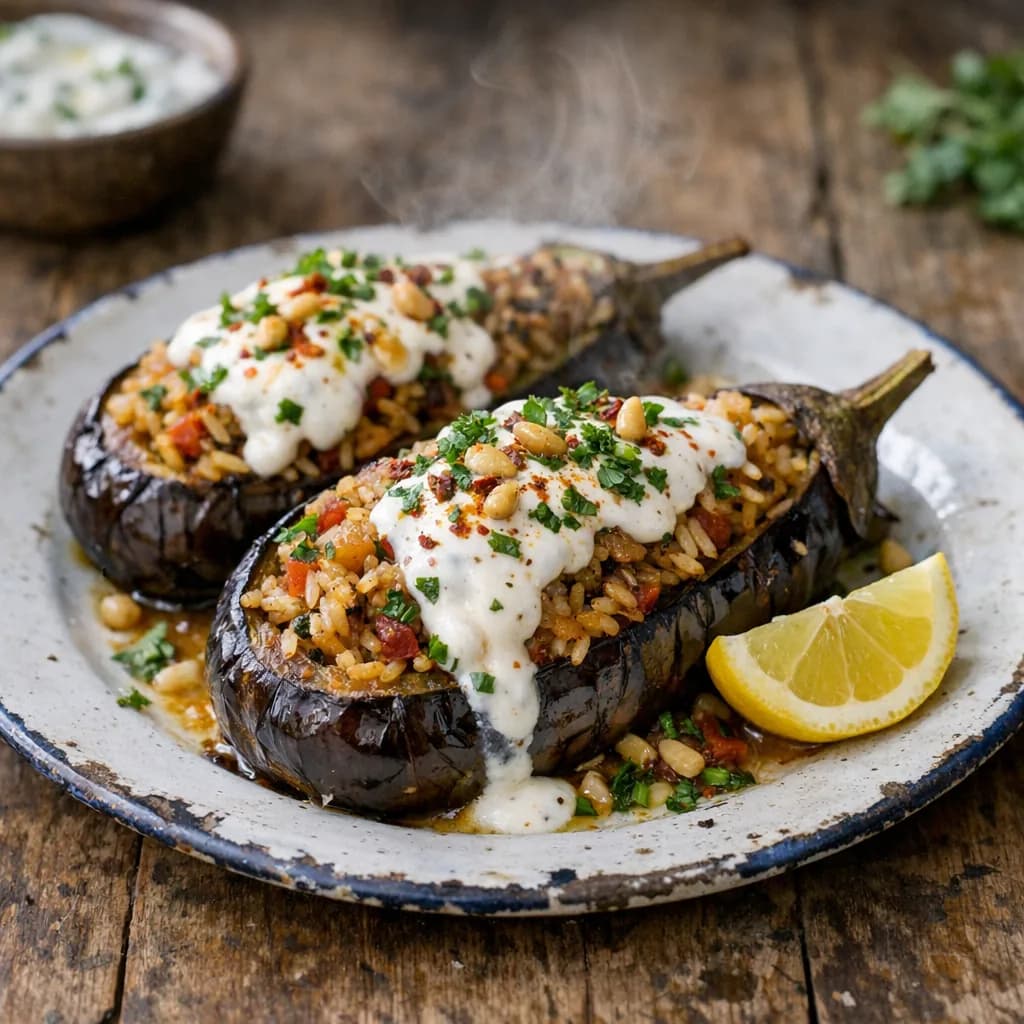 Spiced Rice-Stuffed Eggplant with Yogurt Sauce recipe