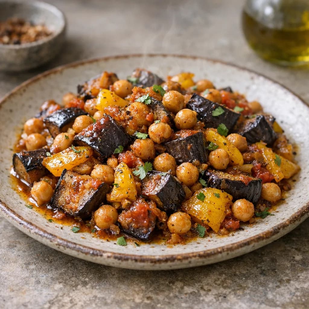 Spiced Roasted Eggplant with Chickpeas and Peppers recipe