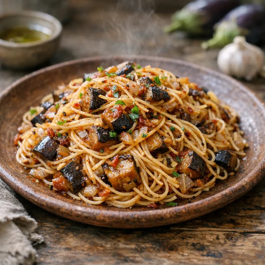 Spicy Eggplant Angel Hair Pasta recipe