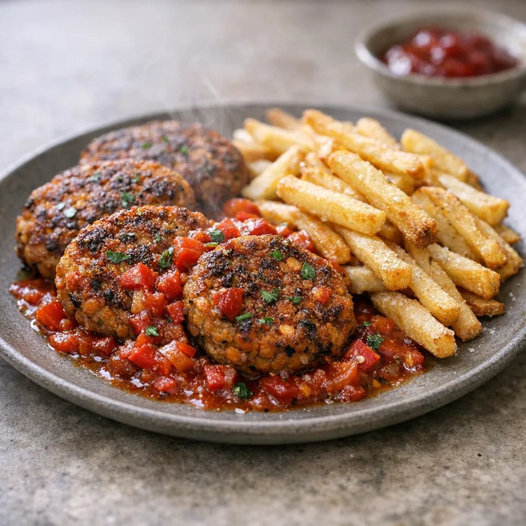 Spicy Lentil Patties with Tomato Sauce and Crispy Fries recipe