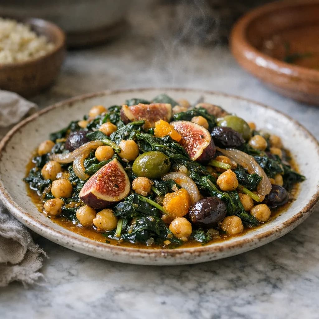 Spinach and Chickpea Tajine with Figs and Olives recipe