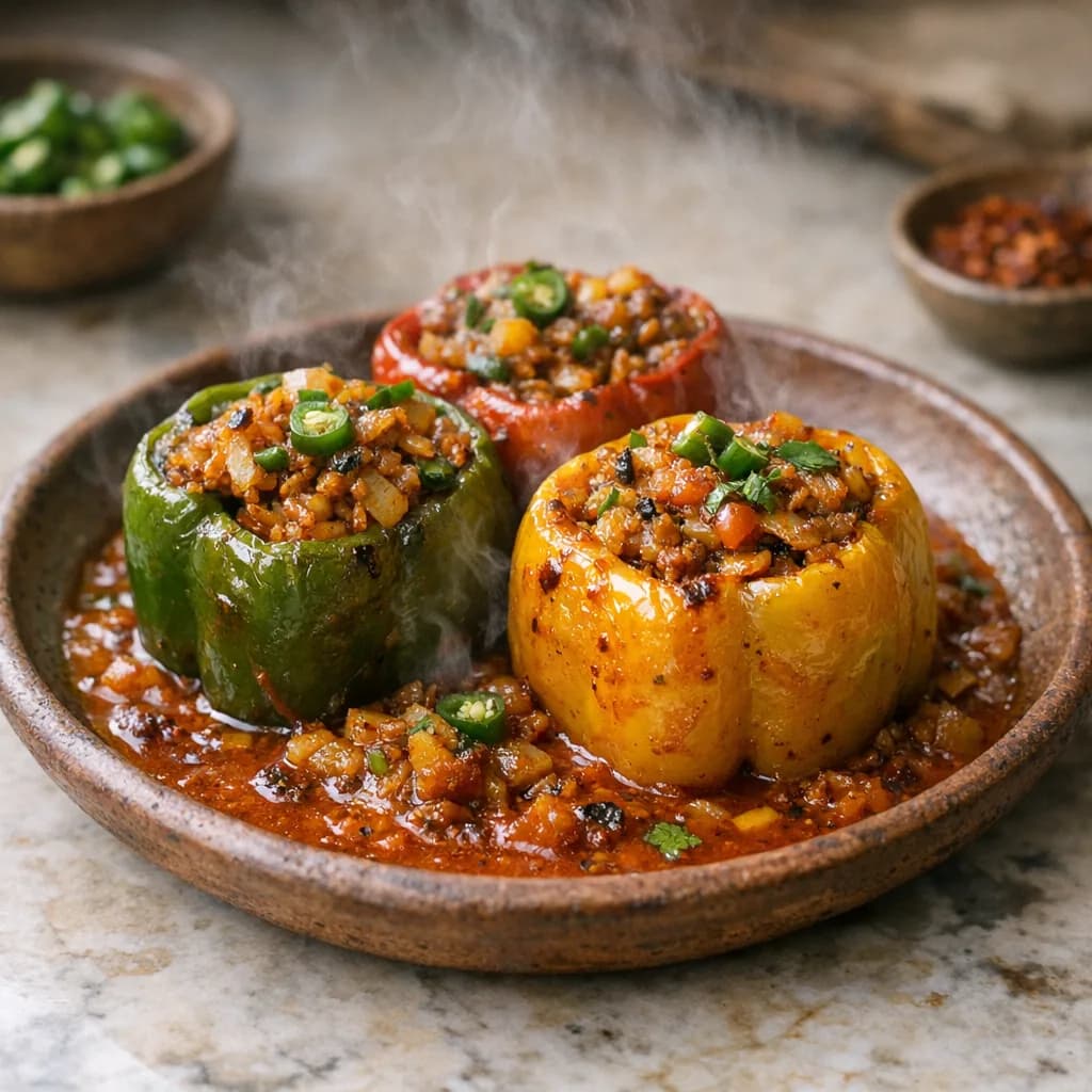 Stuffed Bell Peppers with Spicy Vegan Sauce recipe