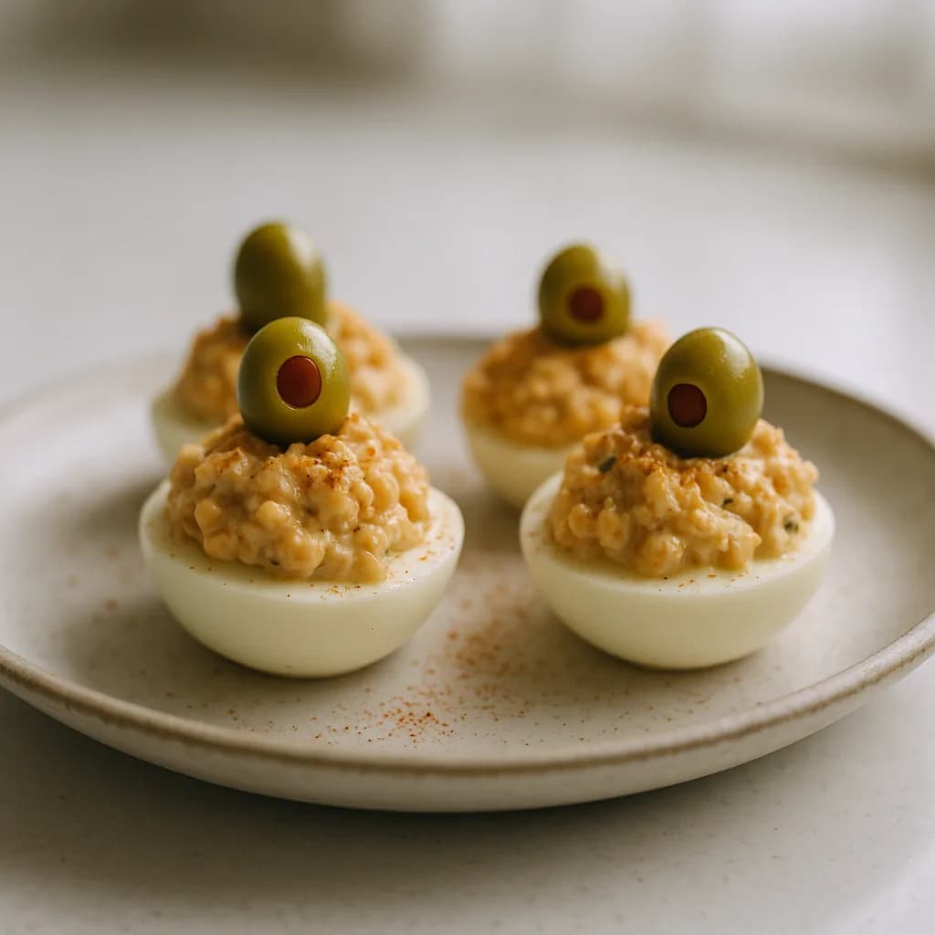 Stuffed Egg Bites with Olive Garnish recipe