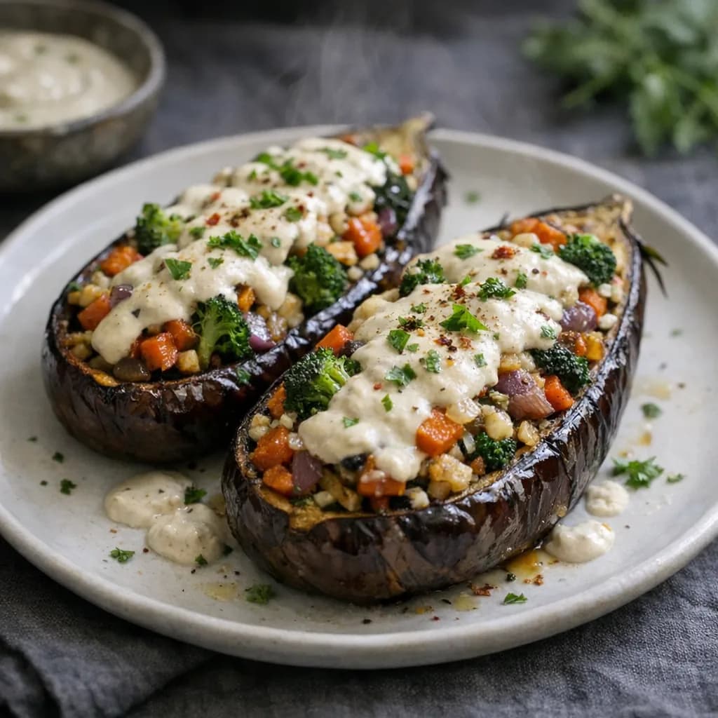 Stuffed Eggplant Boats with Vegan Cashew Sauce recipe
