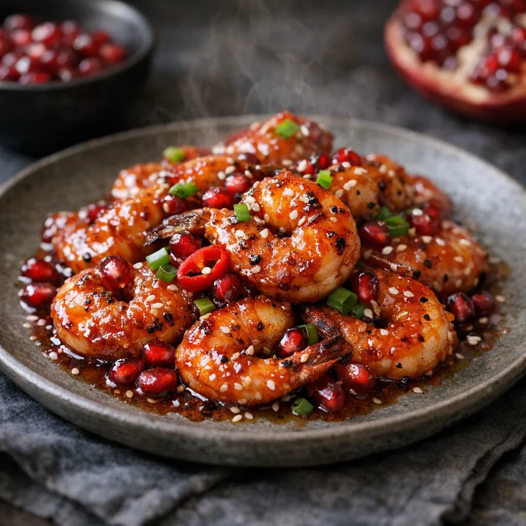 Sweet and Spicy Prawns with Pomegranate Glaze recipe