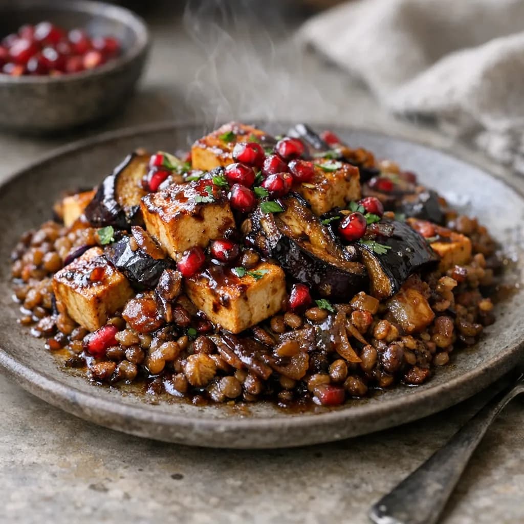 Brinjal and Tempeh Bake with Pomegranate Glaze recipe