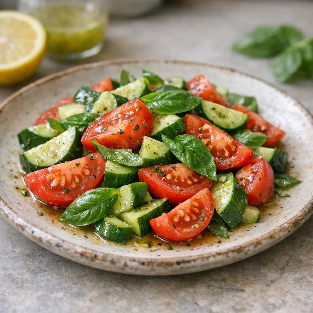 Tomato and Cucumber Salad with Lemon Basil Dressing recipe