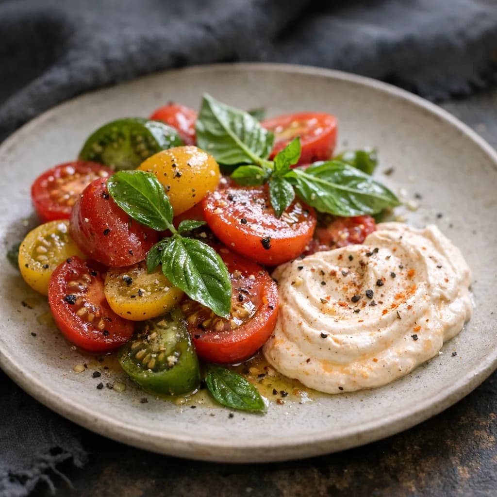 Tomatoes with Basil and Spiced Creme Fraiche recipe