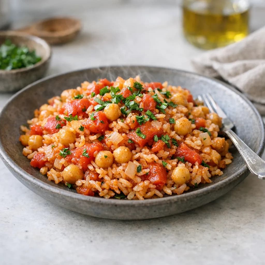 Vegan Chickpea Tomato Rice Bowl recipe