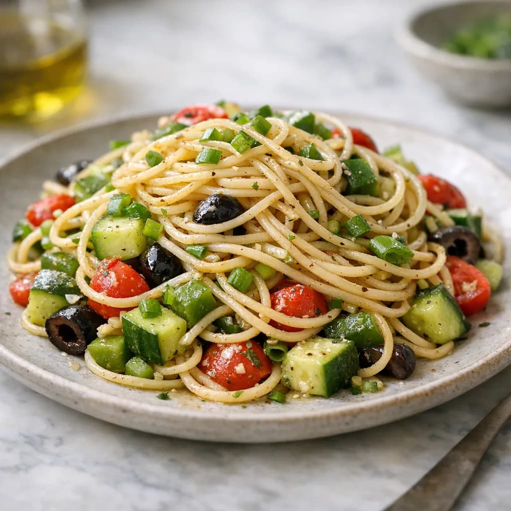 Vegan Mediterranean Spaghetti Salad recipe