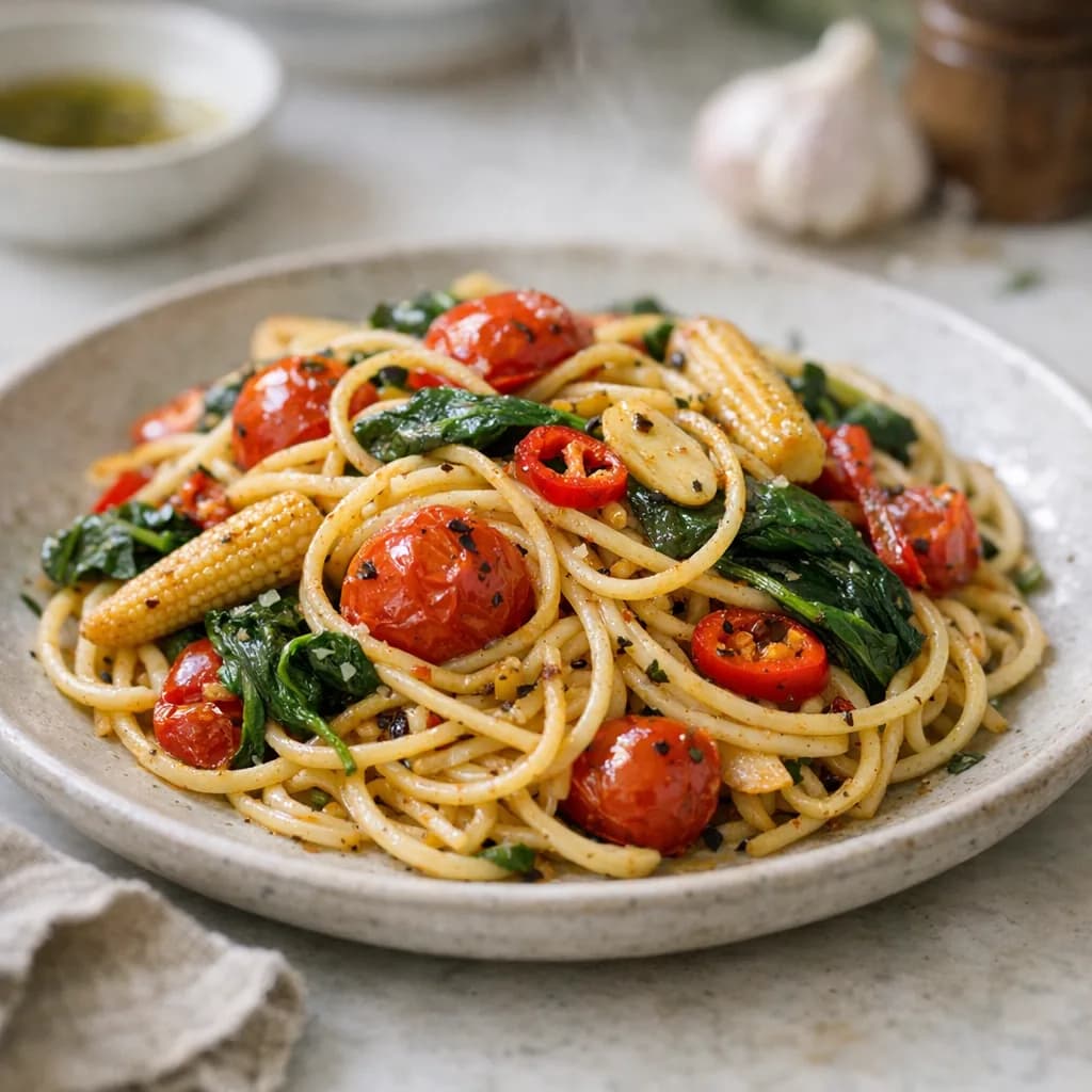Vegan Pasta with Roasted Vegetables and Spinach recipe