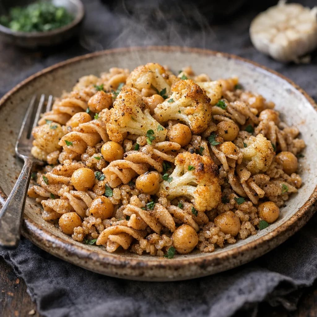 Vegan Quinoa Pasta with Cauliflower and Chickpeas recipe