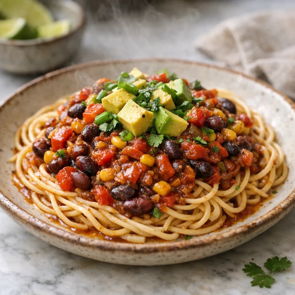 Vegetarian Chili Spaghetti Bowl recipe