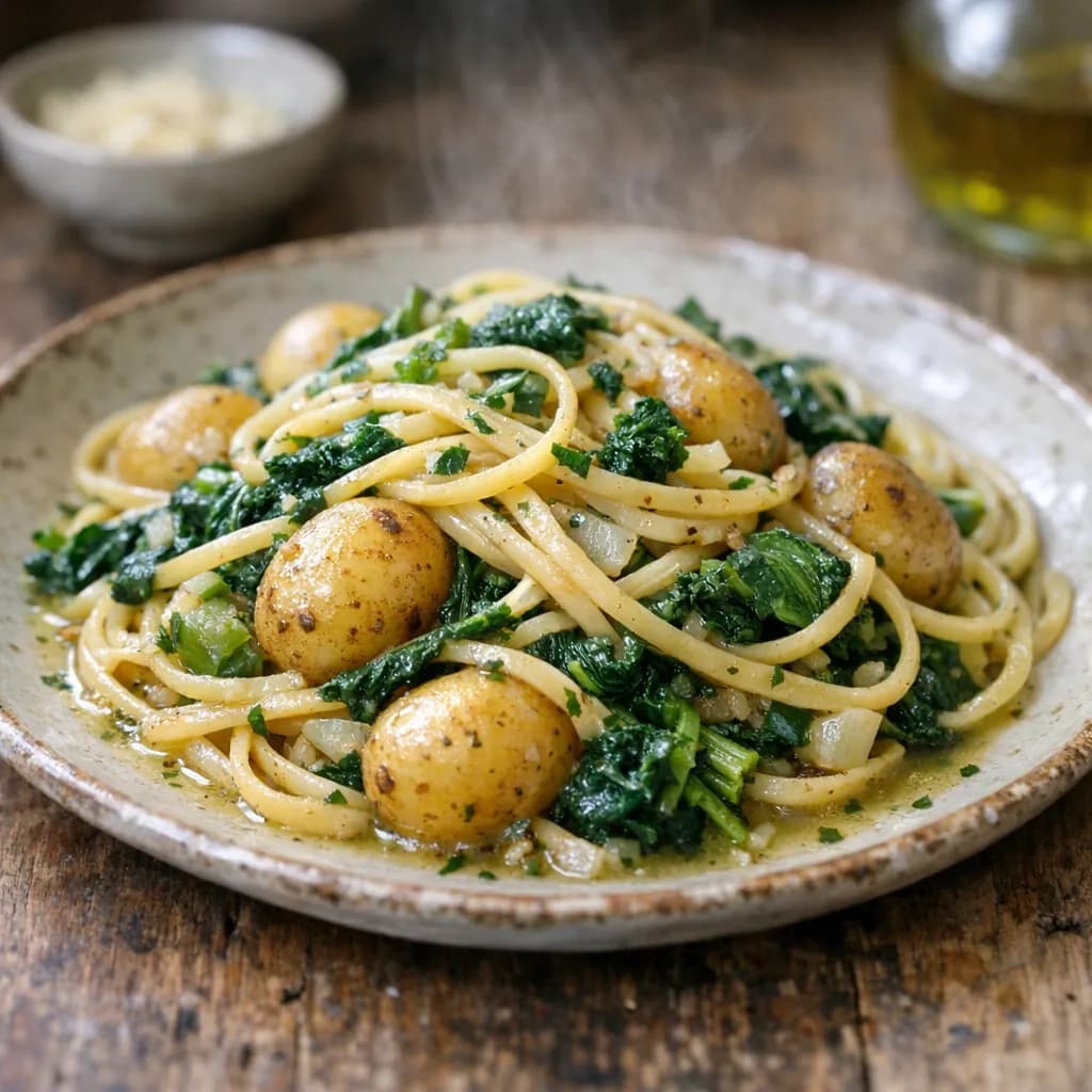 Vegetarian Linguini with Greens and Potatoes recipe