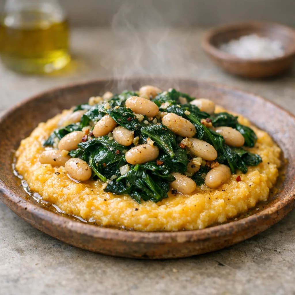 Vegetarian Pumpkin Polenta with Spinach and Cannellini Beans recipe
