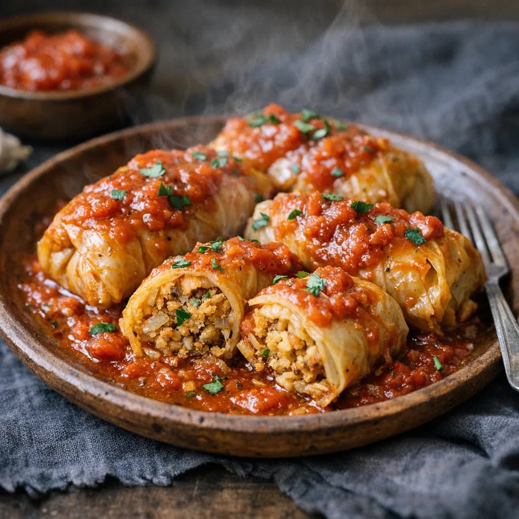 Vegetarian Stuffed Cabbage Rolls with Tomato Sauce recipe