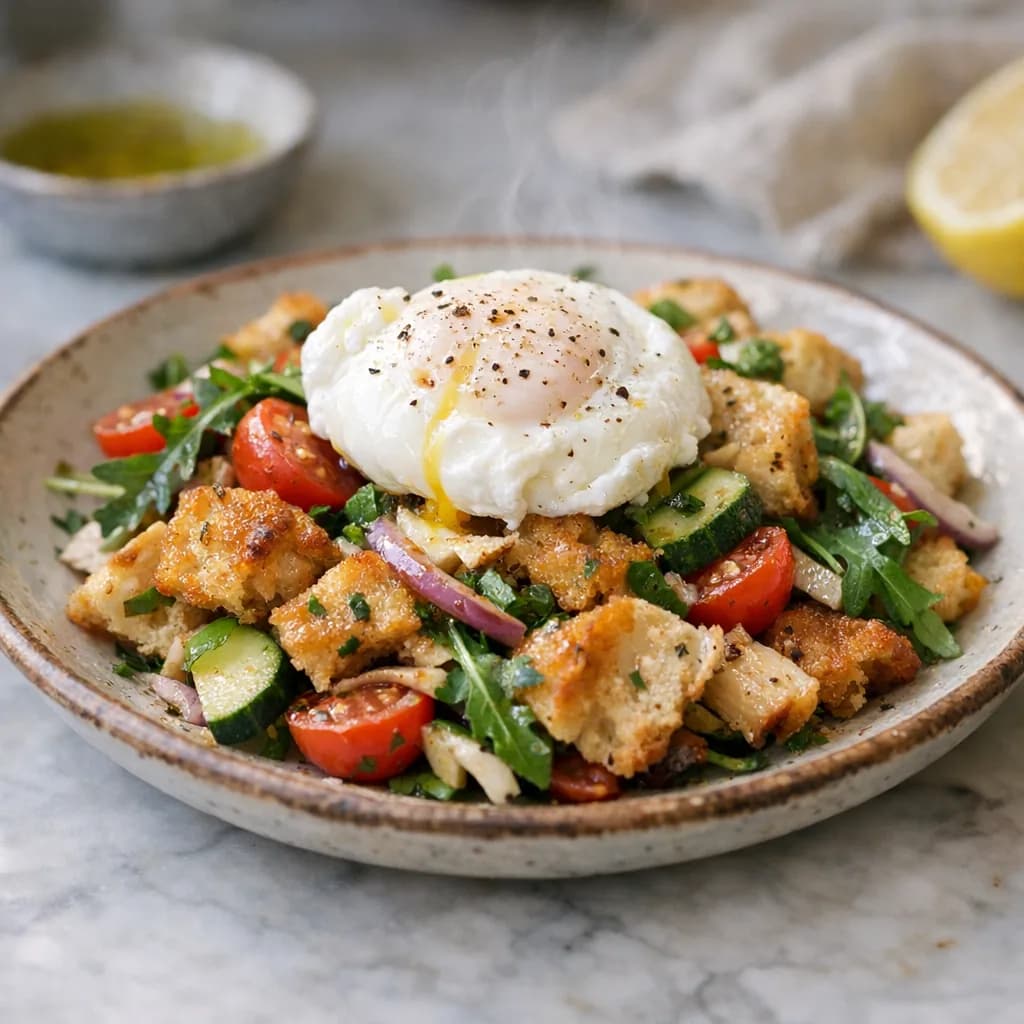 Warm Bread Salad with Halal Turkey and Poached Egg recipe
