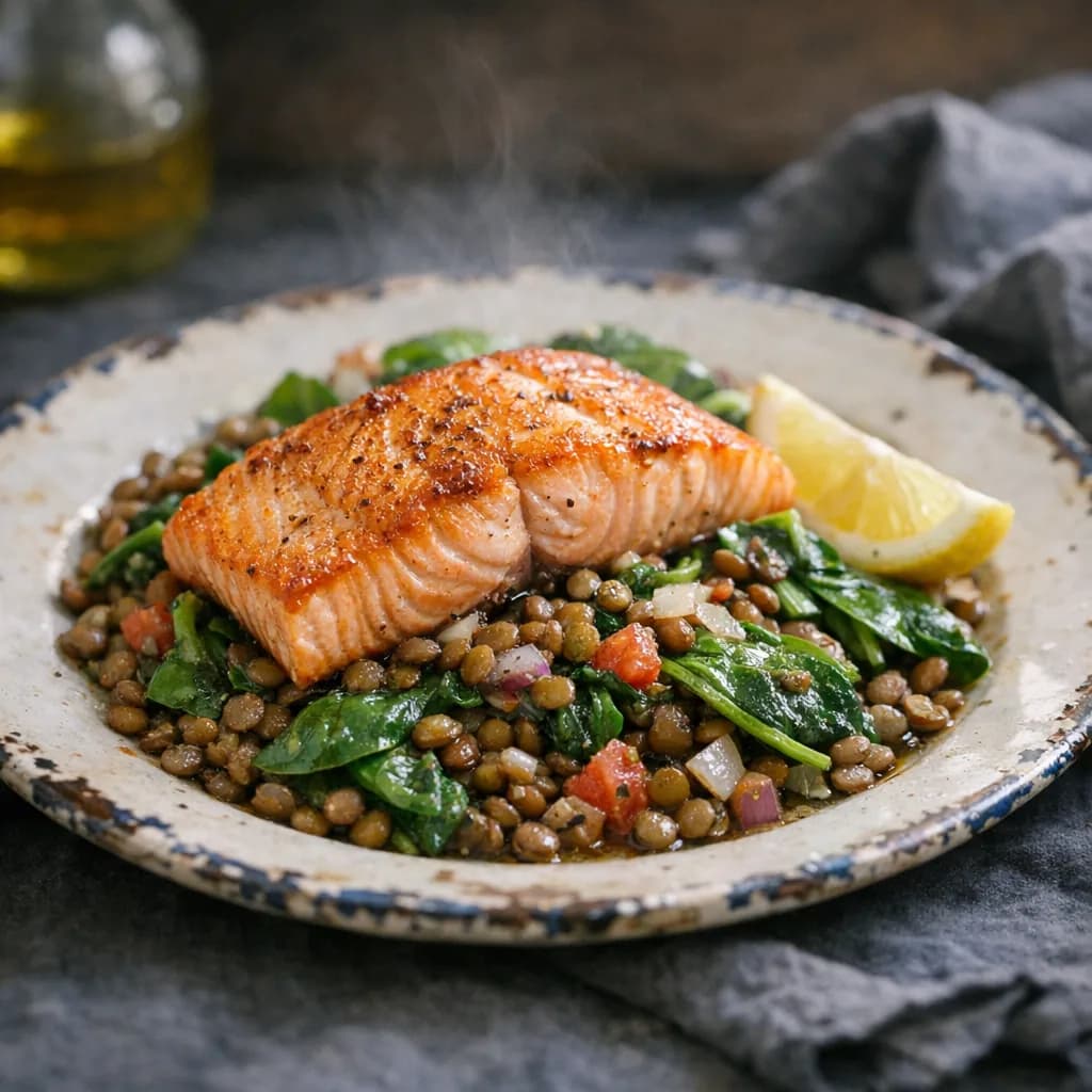Warm Lentil and Spinach Salad with Salmon recipe