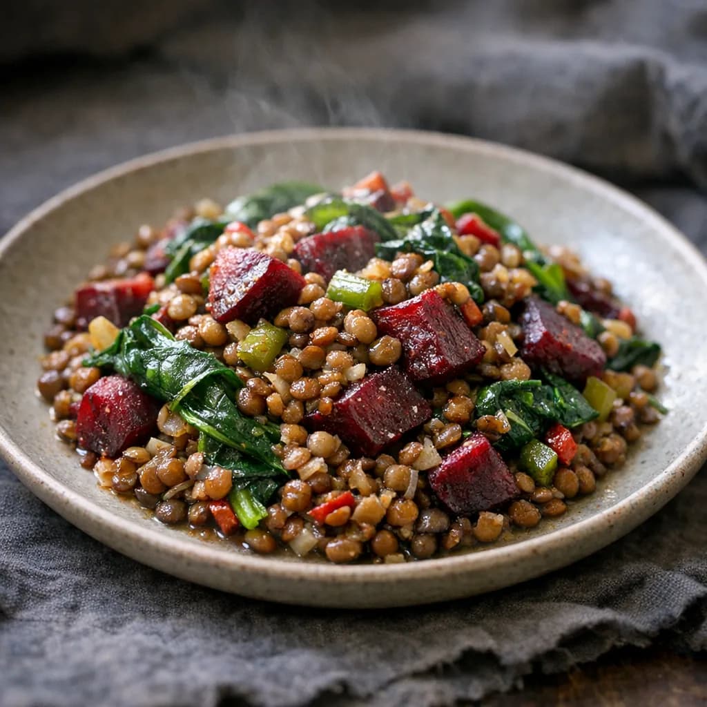 Warm Lentil Spinach Beetroot Bowl recipe